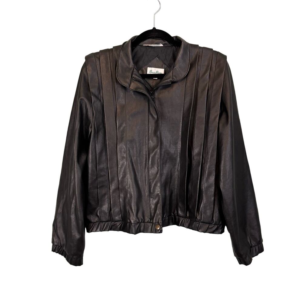 Pam Sloane Faux Leather Jacket Womens Size 11 Black Moto Pleated Biker Outdoor